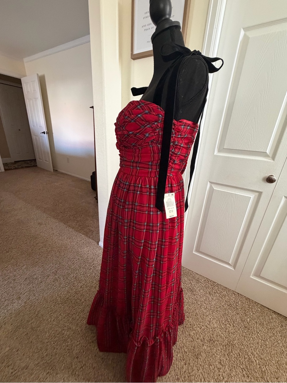 B Darlin Bustier Bodice Red Plaid Maxi Dress with Tie Straps - Picture 5 of 14